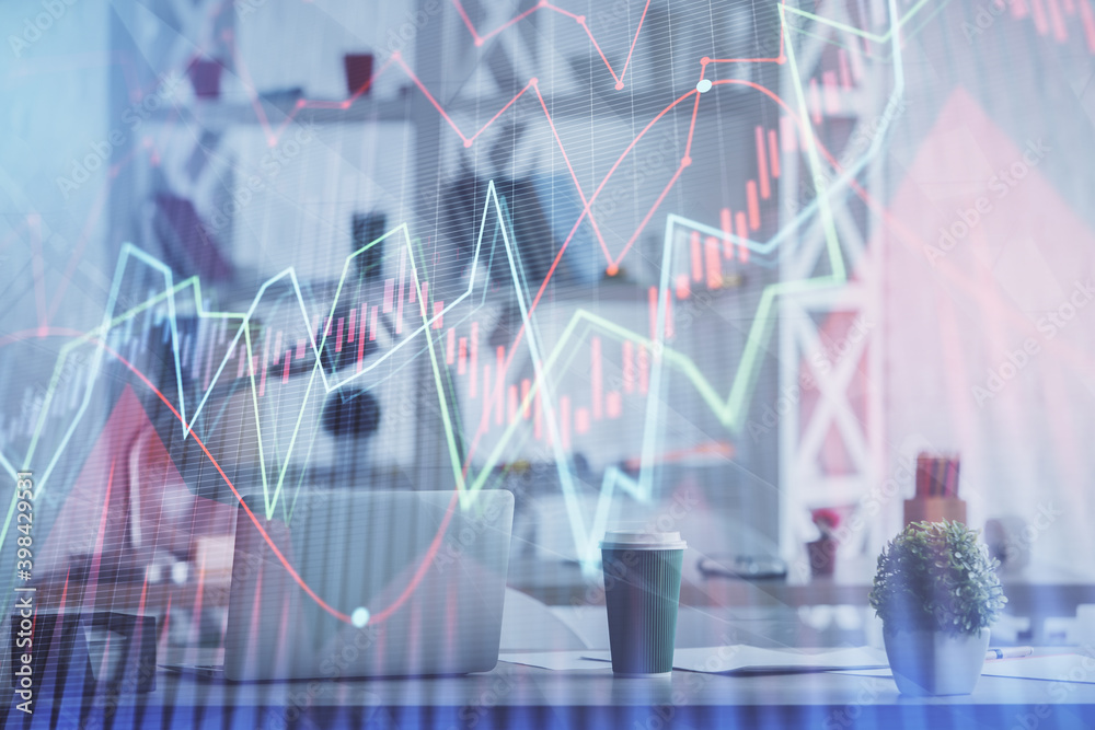 Double exposure of stock market graph drawing and office interior background. Concept of financial analysis. Double exposure of stock market graph drawing and office interior background. Concept of financial analysis.