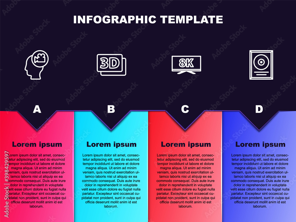 Set line Head with camera, 3D word, Screen tv 8k and CD disk award in frame. Business infographic template. Vector.
