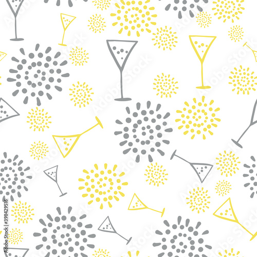 New year seamless vector pattern with glasses and fireworks. Festive surface print design for fabrics, stationery, backgrounds, textiles, scrapbooking, and packaging