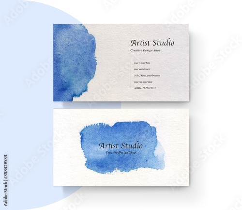 Blue background watercolor business card Design