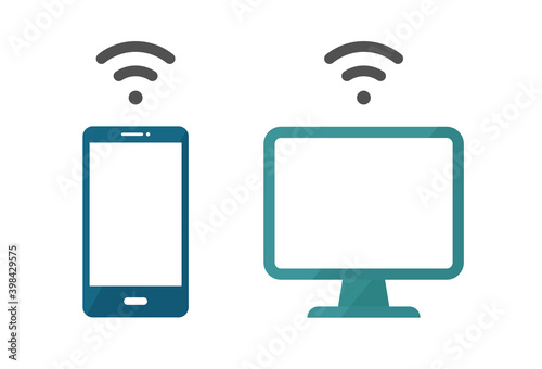 スマホとPCの共有のイラストセット／通信／スマートフォン／パソコン／Wi-Fi／ワイヤレス／無線
