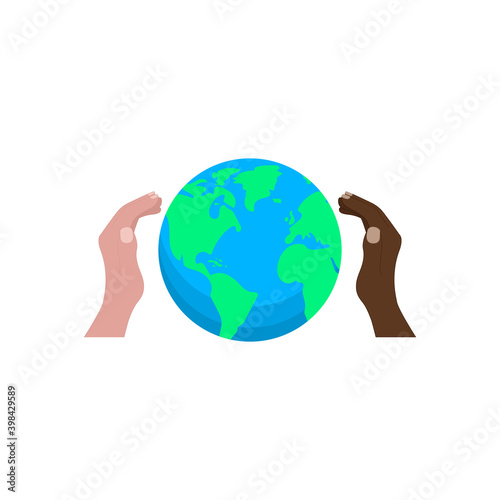 United community. Hands of the people of the world holding the planet. Vector illustration.