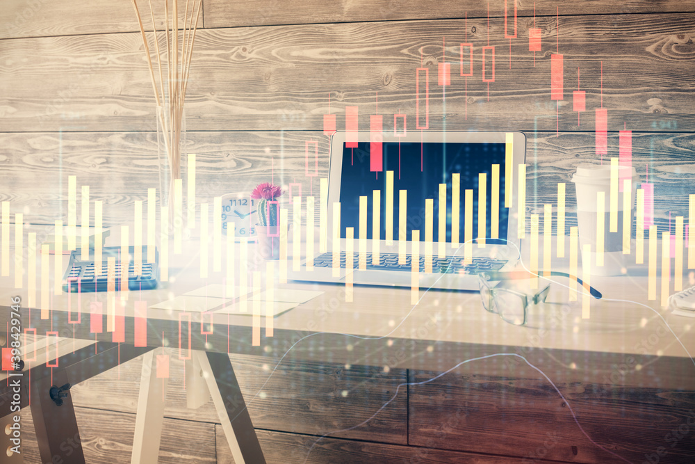 Double exposure of financial graph drawing and office interior background. Concept of stock market. Double exposure of financial graph drawing and office interior background. Concept of stock market.