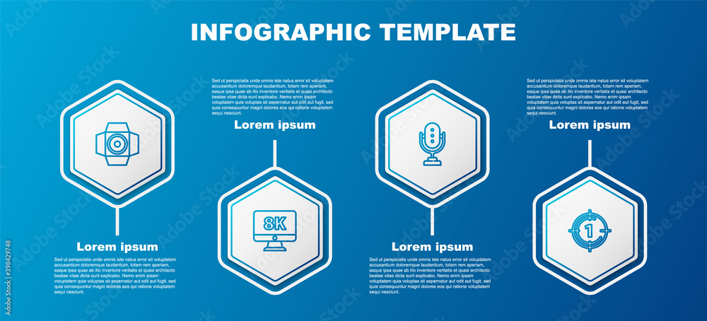 Set line Movie spotlight, Monitor with 8k, Microphone and Old film movie countdown frame. Business infographic template. Vector. Set line Movie spotlight, Monitor with 8k, Microphone and Old film movie countdown frame. Business infographic template. Vector.