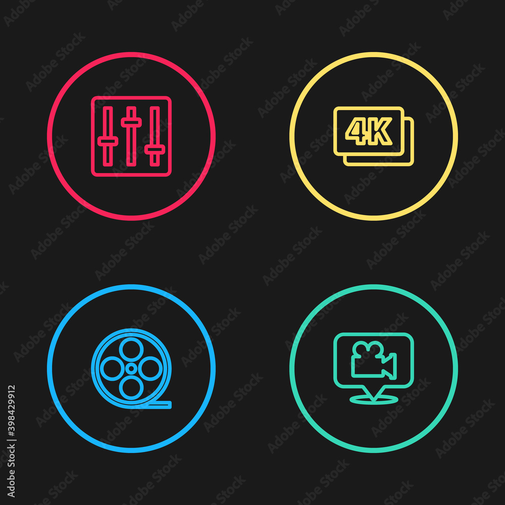 Set line Film reel, Camera and location, 4k Ultra HD and Sound mixer controller icon. Vector. Set line Film reel, Camera and location, 4k Ultra HD and Sound mixer controller icon. Vector.
