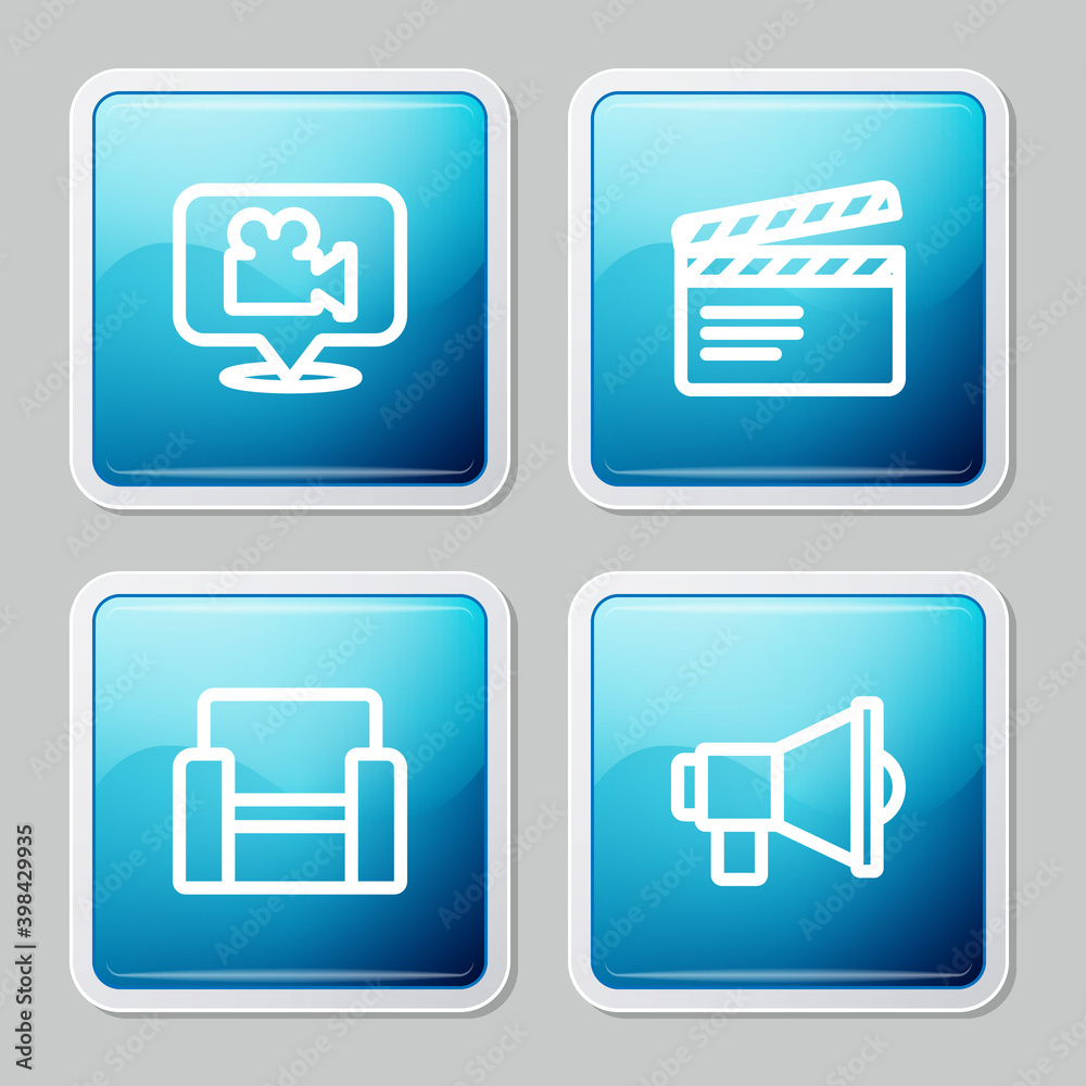 Set line Camera and location, Movie clapper, Cinema chair and Megaphone icon. Vector. Set line Camera and location, Movie clapper, Cinema chair and Megaphone icon. Vector.