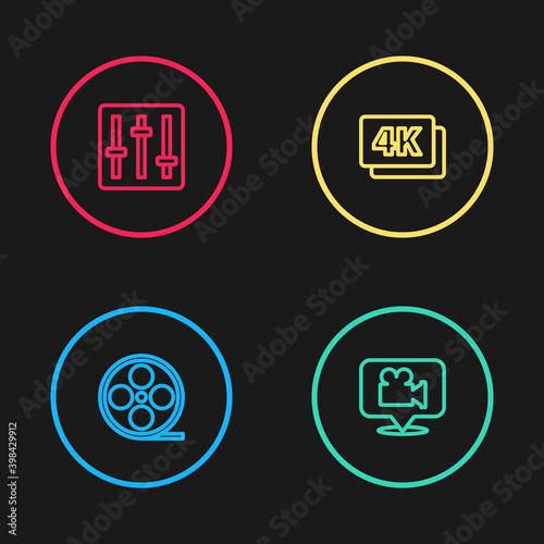 Set line Film reel, Camera and location, 4k Ultra HD and Sound mixer controller icon. Vector.