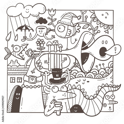Coloring book antistress with funny creatures. Doodle print with dragon, monster and musical instrument. Line art poster.