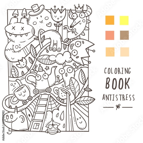 Coloring book antistress with funny creatures. Doodle print with dragon  monster and cups. Line art poster.