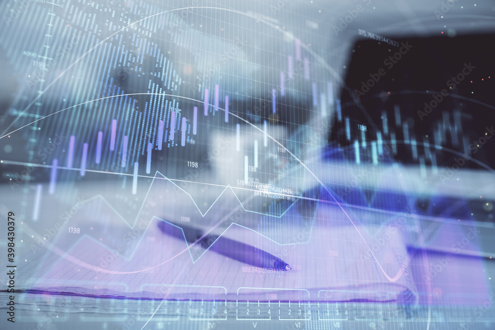 Double exposure of financial graph drawings and desk with open notebook background. Concept of forex market Double exposure of financial graph drawings and desk with open notebook background. Concept of forex market