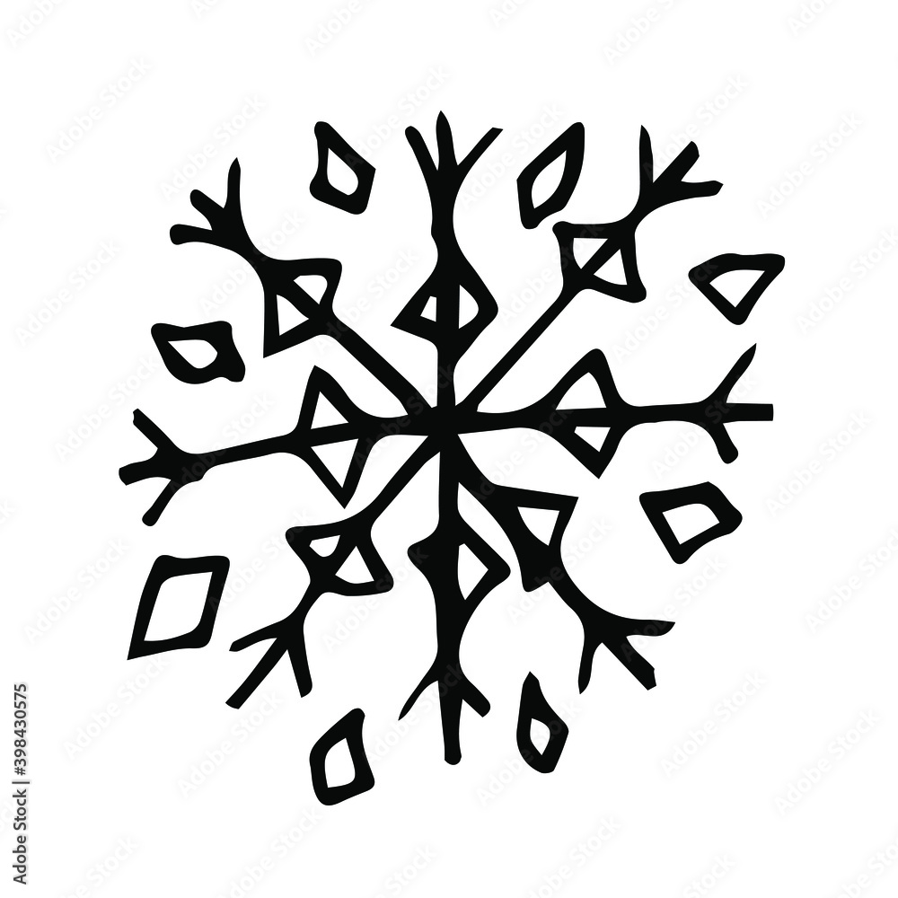 Hand drawn snowflake. Doodle vector illustration. Simple crystal snowflake on white background. Hand drawn snowflake. Doodle vector illustration. Simple crystal snowflake on white background.