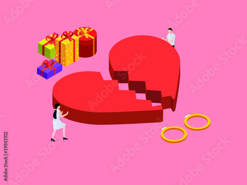 Divorce or broken heart isometric 3d vector concept for banner, website, illustration, landing page, flyer, etc.
