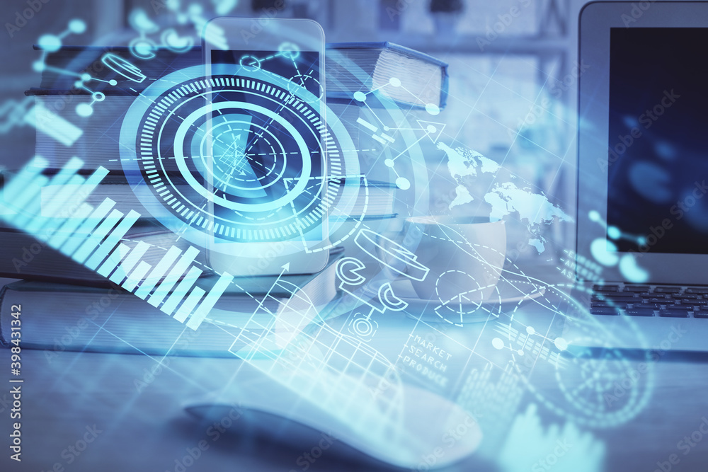 Double exposure of financial theme drawing and cell phone background. Concept of business Double exposure of financial theme drawing and cell phone background. Concept of business