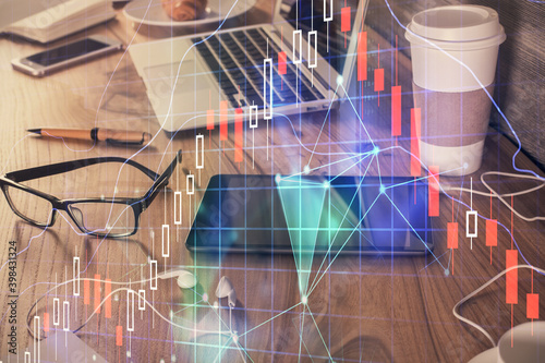 Double exposure of forex chart drawing and cell phone background. Concept of financial trading