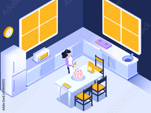Housewife making birthday cake isometric 3d vector concept for banner, website, illustration, landing page, flyer, etc.