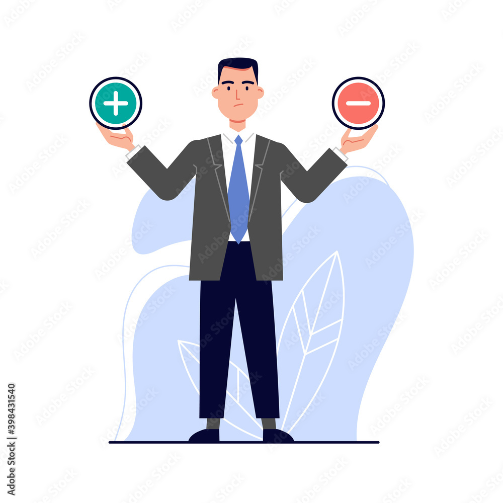 Businessman hold plus and minus symbols. Decision hesitation between risks and benefits, advantages and disadvantages, compare pros and cons. stock vector illustration isolated on white in flat style Businessman hold plus and minus symbols. Decision hesitation between risks and benefits, advantages and disadvantages, compare pros and cons. stock vector illustration isolated on white in flat style