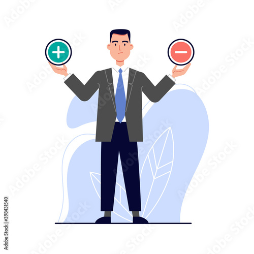 Businessman hold plus and minus symbols. Decision hesitation between risks and benefits, advantages and disadvantages, compare pros and cons. stock vector illustration isolated on white in flat style