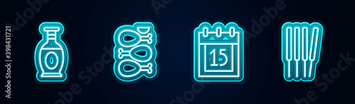 Set line Indian vase, Tandoori chicken, Independence day and Aroma sticks, incense. Glowing neon icon. Vector.