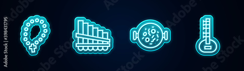 Set line Rosary beads religion, Pan flute, Chicken tikka masala and Sitar. Glowing neon icon. Vector.