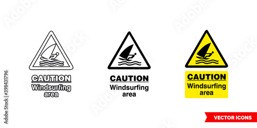 Caution windsurfing area hazard sign icon of 3 types color, black and white, outline. Isolated vector sign symbol.
