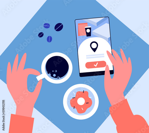 Hands of woman using cell phone in coffee shop. Top view, espresso cup, location app flat vector illustration. Mobile application, buying online concept for banner, website design or landing web page