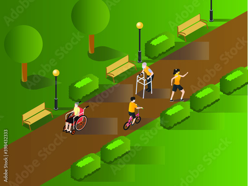 People wearing face mask doing activities at park isometric 3d vector