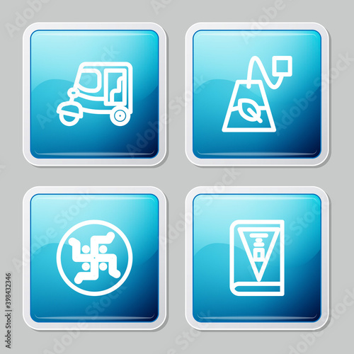 Set line Taxi tuk tuk, Tea bag, Hindu swastika and India constitution day icon. Vector.