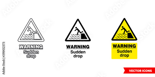 Warning sudden drop hazard sign icon of 3 types color, black and white, outline. Isolated vector sign symbol.