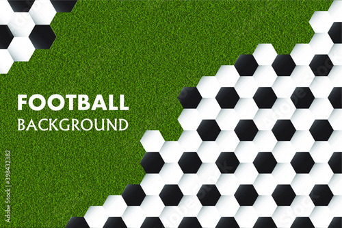 Background on a soccer theme. Black and white hexagon soccer ball pattern. Football texture with grass background.Soccer balls texture background.Vector illustration
