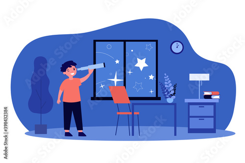 Boy using telescope and watching stars. Happy kid, bedroom interior, glass flat vector illustration. Childhood, explorer, discovery concept for banner, website design or landing web page
