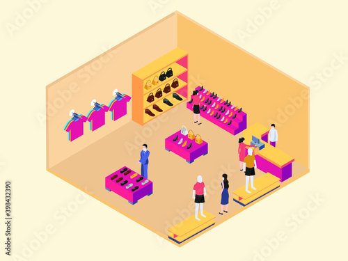 women shopping for clothes in a department stores isometric 3d vector