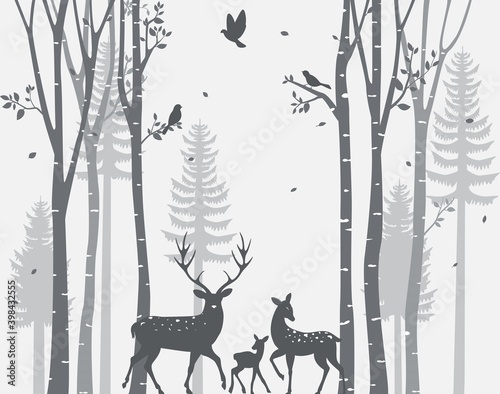 Birch Tree with deer and birds Silhouette Background for wallpaper sticker © radenmas
