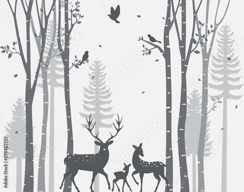 Birch Tree with deer and birds Silhouette Background for wallpaper sticker