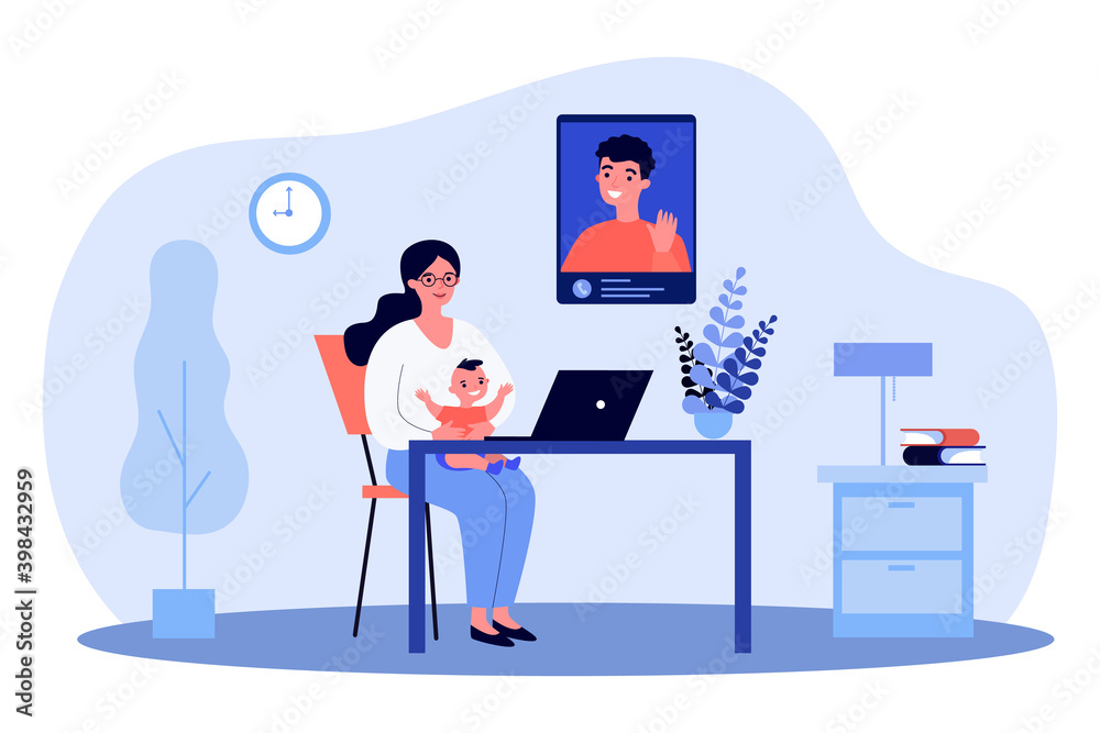 New mom and baby talking to dad through video call. Laptop, online chat, conference flat vector illustration. Online communication, parenthood concept for banner, website design or landing web page