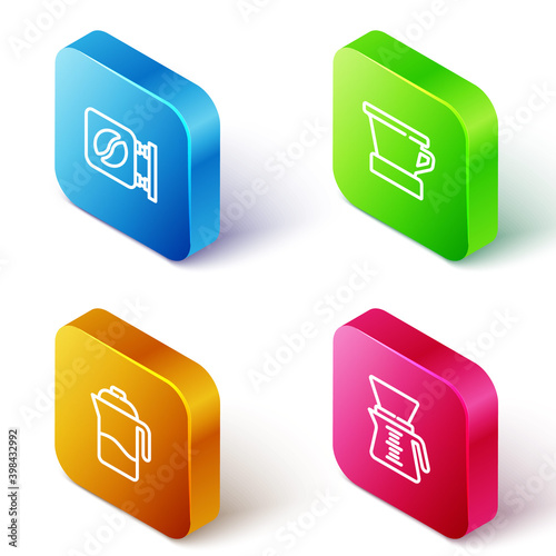 Set Isometric line Street signboard coffee, V60 maker, French press and Pour over icon. Vector.