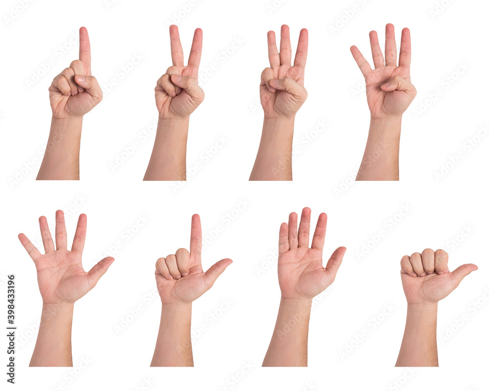 Male hand in various gestures on white background Male hand in various gestures on white background