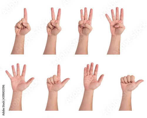 Male hand in various gestures on white background