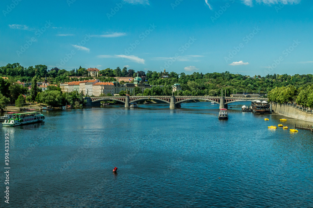 View on bridges and panorama of Prague, river vltava, summer 2017. Czech Republic