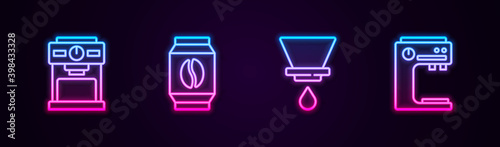 Set line Coffee machine, Bag coffee beans, V60 maker and . Glowing neon icon. Vector.