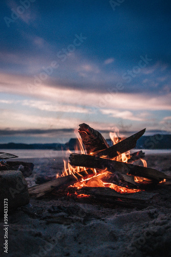 Bonfire is burning against the background of sunset