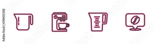 Set line Coffee pot, Jug glass with water, machine and Location coffee bean icon. Vector.