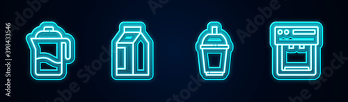 Set line French press, Bag of coffee beans, Coffee cup to go and machine. Glowing neon icon. Vector.