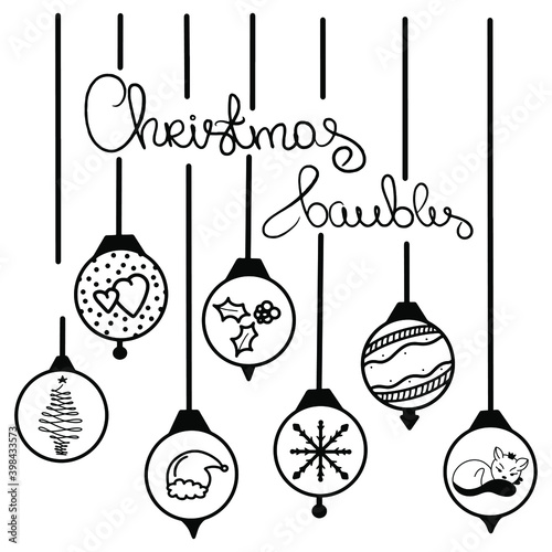 Christmas baubles with ilex aquifolium snowflakes heart, pin tree fir lines cat Santa Claus hat. New year balls doodle greeting card black white colors. Xmas decoration toys calligraphy lettering art.