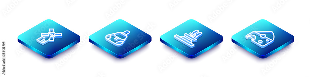 Set Isometric line Windmill, Handbag, Fountain and Cheese icon. Vector. Set Isometric line Windmill, Handbag, Fountain and Cheese icon. Vector.