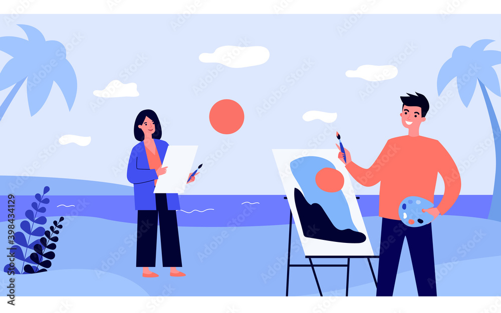 Happy people painting from nature. Young couple of artist with easels on beach, sunset, sea flat vector illustration. Hobby, drawing, art concept for banner, website design or landing web page Happy people painting from nature. Young couple of artist with easels on beach, sunset, sea flat vector illustration. Hobby, drawing, art concept for banner, website design or landing web page