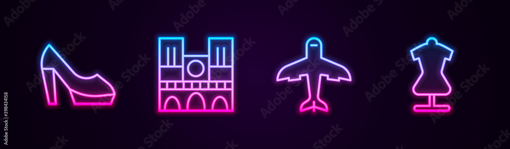 Set line Woman shoe, Notre Dame, Plane and Mannequin. Glowing neon icon. Vector.