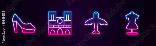 Set line Woman shoe, Notre Dame, Plane and Mannequin. Glowing neon icon. Vector.