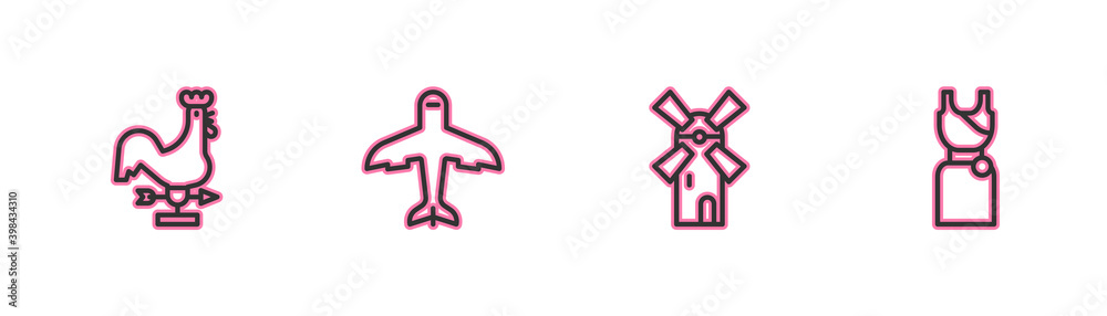 Set line Rooster weather vane, Windmill, Plane and Woman dress icon. Vector. Set line Rooster weather vane, Windmill, Plane and Woman dress icon. Vector.