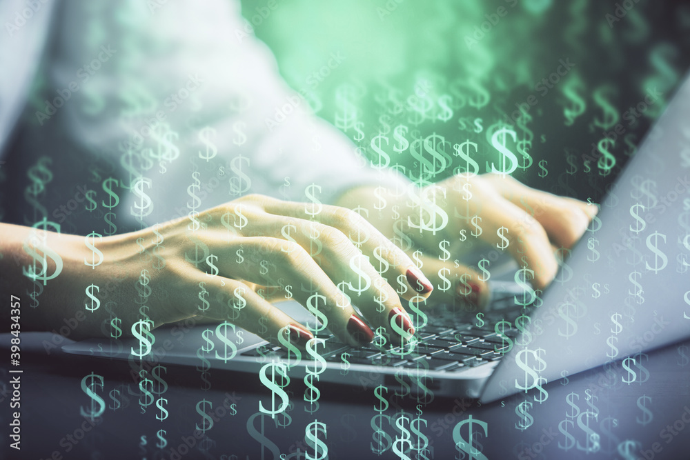 Fototapeta premium Double exposure of businesswoman hands typing on computer and forex chart hologram drawing. Financial analysis concept.