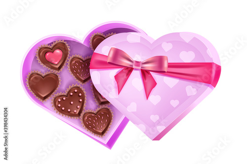 Valentine’s Day love holiday opened heart-shaped pink box with chocolate candies, ribbon, bow. Romantic dessert surprise illustration. Holiday present chocolate candies isolated on white background